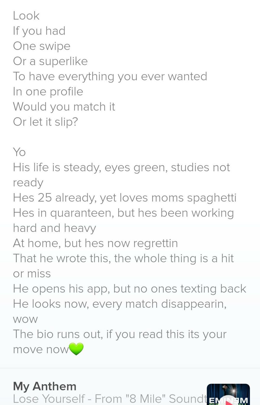 Poetic Tinder bio example for guys, highlighting relatable life details to boost profile matches and attract attention.