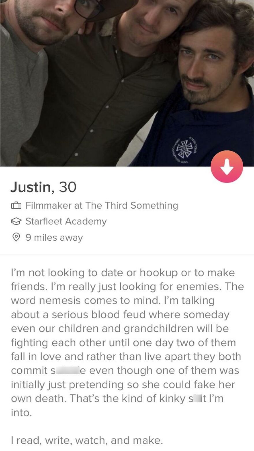 Tinder bio example for guys showing a creative and bold profile text with details and photo of three men.