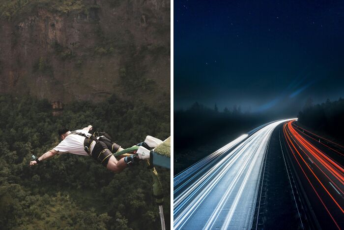 Person bungee jumping off a platform surrounded by forest, paired with a long exposure of a highway at night.