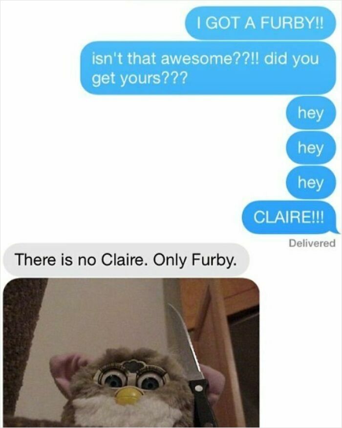Text message exchange showing funny texts about a Furby toy with a humorous image of Furby holding a knife.