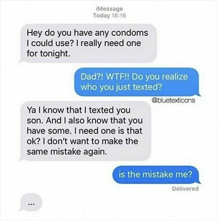 Funny text exchange between dad and son about condoms, a humorous example of texts that might make you laugh.
