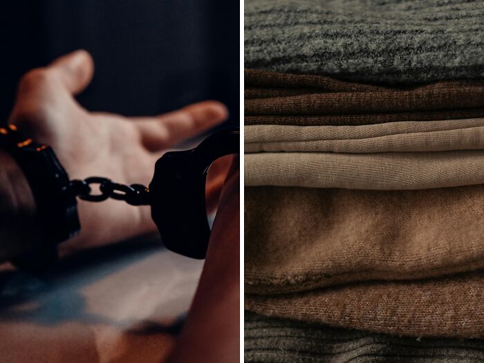 Handcuffed person with open palm on left, folded brown and beige fabric layers on right, related to toddlers or alligator poll.