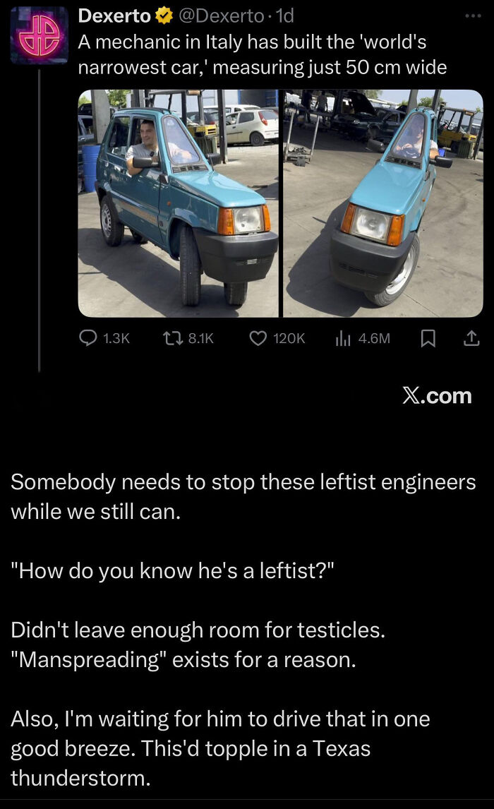 A man sits in the world's narrowest car, a tiny blue vehicle, showcasing one of the dumbest things confidently posted online.