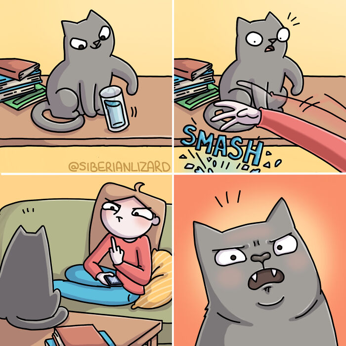 Comic artist humorously illustrating living with two ferrets and a cat through scenes of pet mischief and owner reactions.