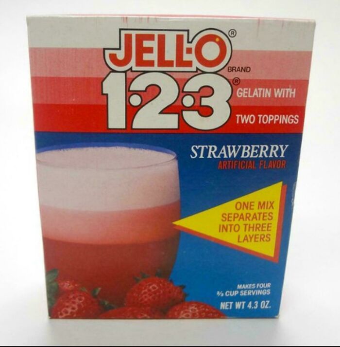 Vintage Jell-O 1-2-3 strawberry gelatin dessert with three layers, a nostalgic treat to make you feel old as heck.