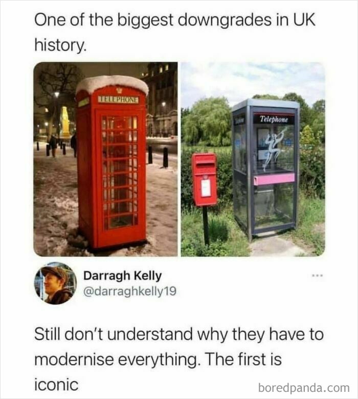 Comparison of iconic traditional red British phone booth with a modernized transparent phone booth in a humorous British jokes meme.