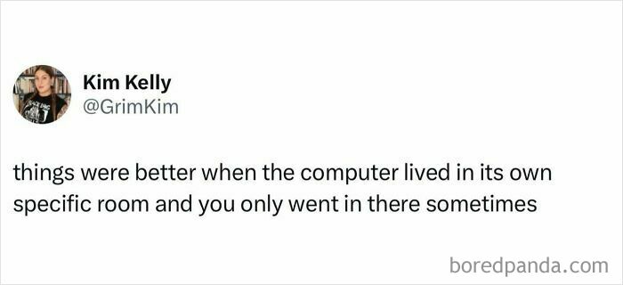 Tweet from Kim Kelly humorously reflecting on computer rooms, fitting British jokes and memes about lifestyle changes.