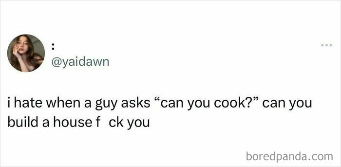 Social media post with a sarcastic British joke about cooking and building a house from British jokes and memes.