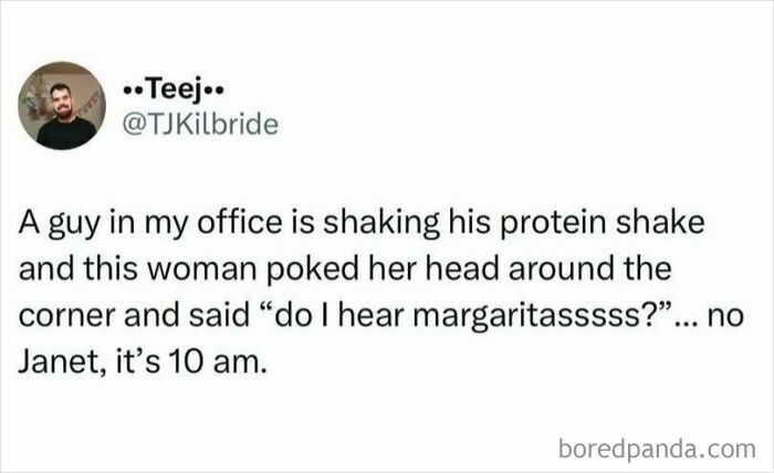 Tweet about a funny office moment featuring British jokes and memes humor related to daily work life.