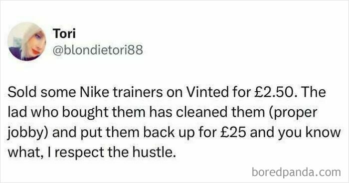 Text post showing a funny British joke about reselling trainers, capturing humor from British jokes and memes.