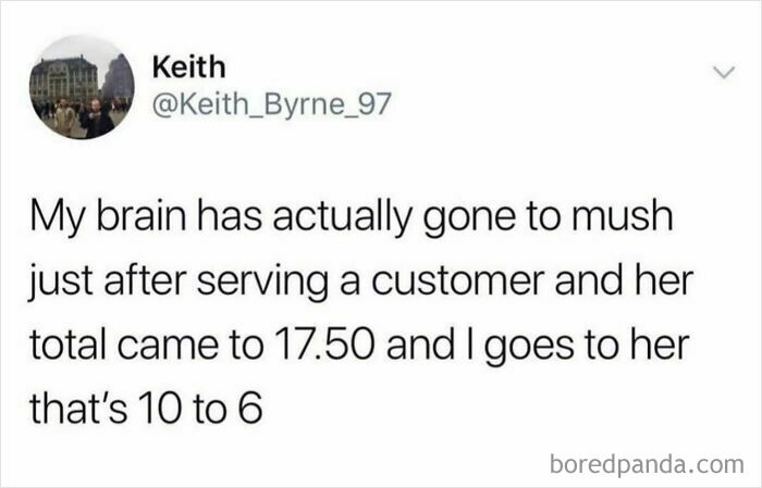 Tweet by Keith humorously describing a funny British joke about confusing numbers while serving a customer.