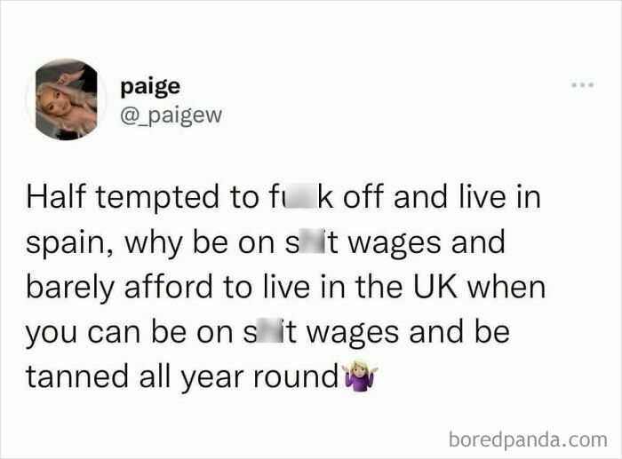 Twitter post highlighting British humor about low wages and high living costs, fitting the theme of funny British jokes and memes.