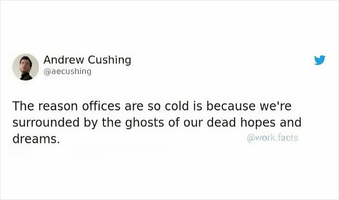 Tweet meme by Andrew Cushing about offices feeling cold due to millennial struggles and lost hopes at work.