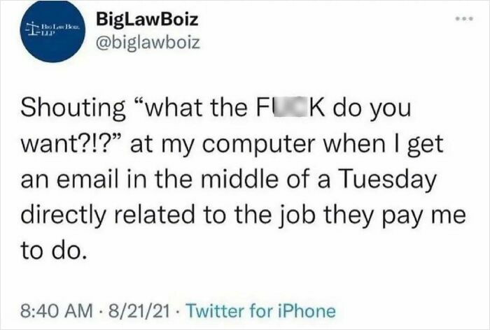 Tweet about frustration with work emails capturing millennial struggles at work humor and relatable office moments.