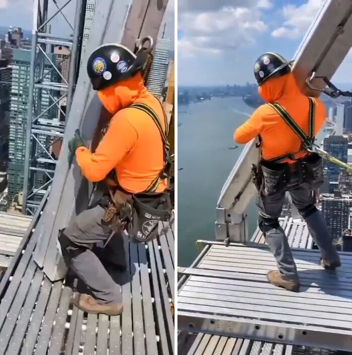 Worker in orange safety gear performing high-rise construction tasks on a steel structure, illustrating jobs that should pay more.