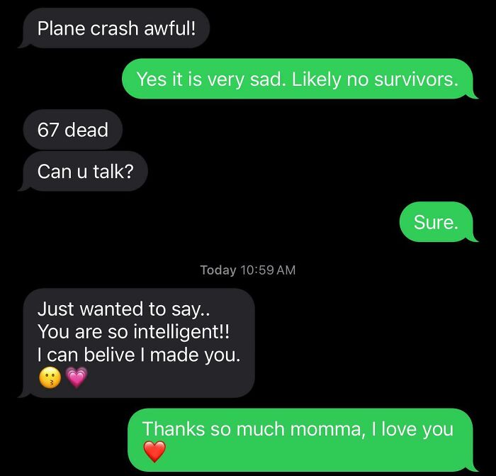 Text message exchange showing a heartfelt moment between a mom and child expressing love and appreciation.