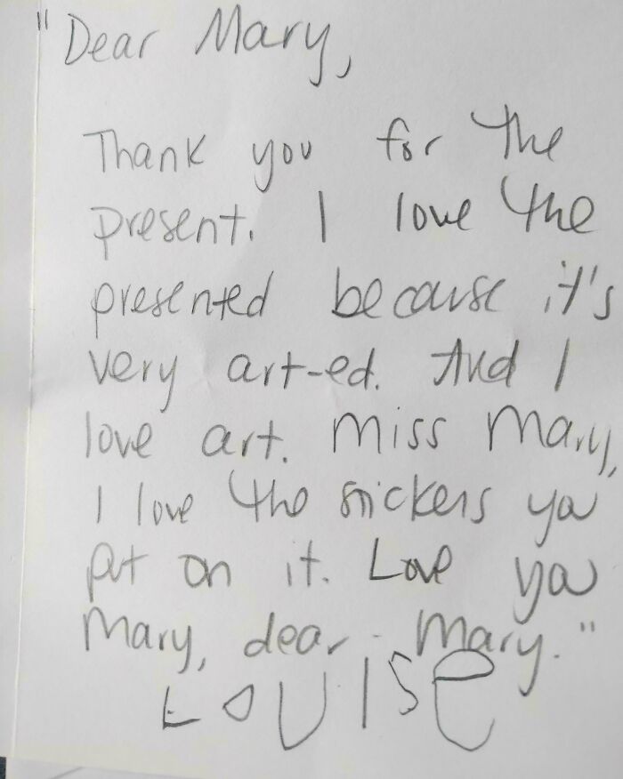 Handwritten thank you note from a child expressing love for a present in wholesome moms happiness-inducing pics.