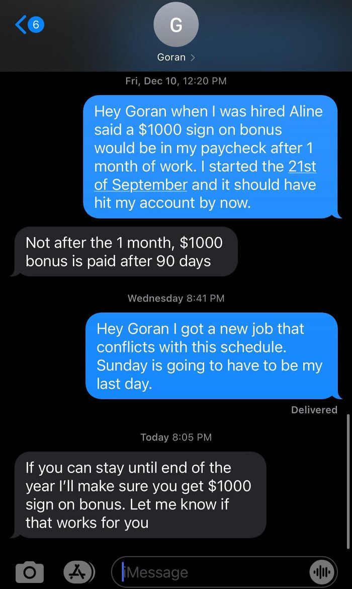 Text message exchange showing disagreement over payment of a $1000 sign on bonus, highlighting why people hate their boss.