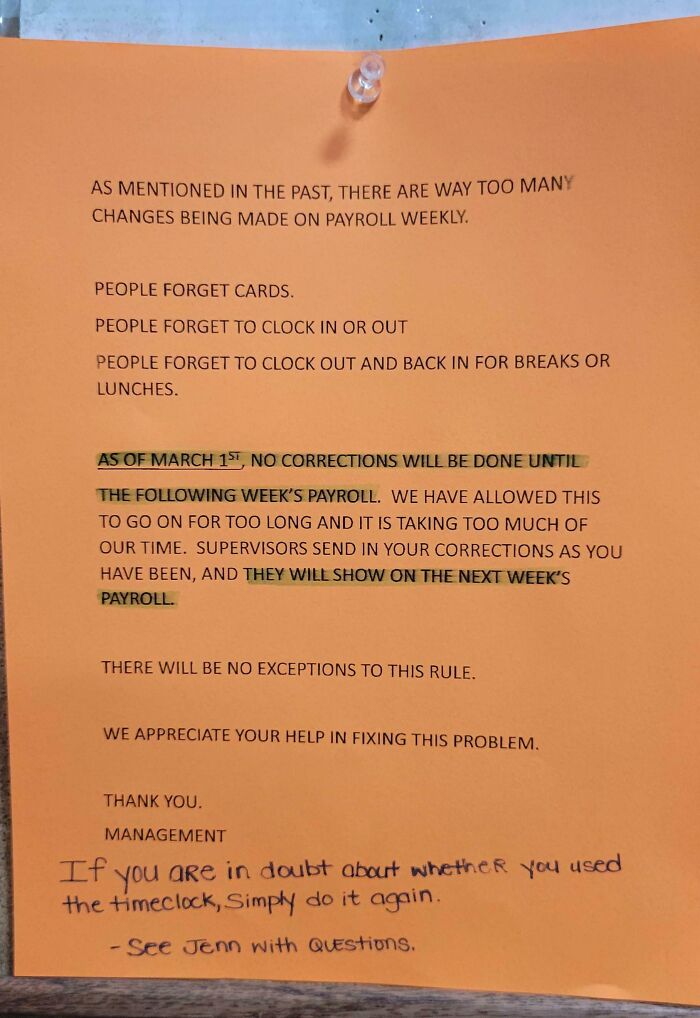 Orange memo pinned on a wall about payroll changes with handwritten notes, illustrating why people hate their boss.