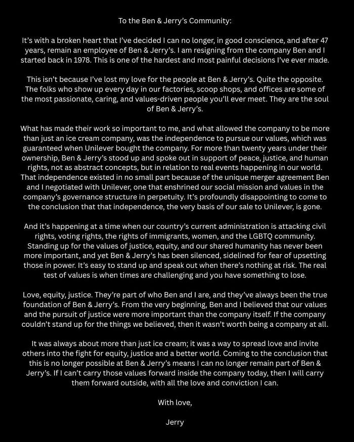 Resignation letter from a Ben & Jerry’s employee highlighting justice, equity, and chaotic good values in difficult times.