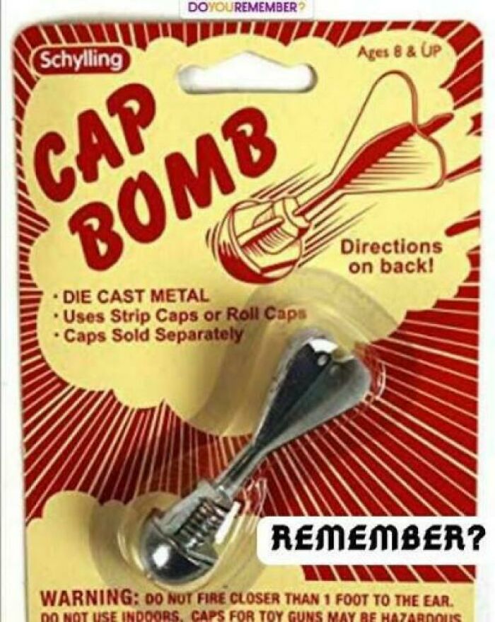 Vintage Cap B**b toy packaging with die cast metal, used with strip or roll caps, evoking feel old as heck nostalgia.