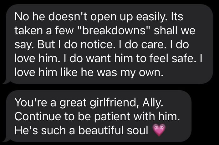 Text message conversation about love, patience, and care, reflecting wholesome moments of moms being their amazing selves.