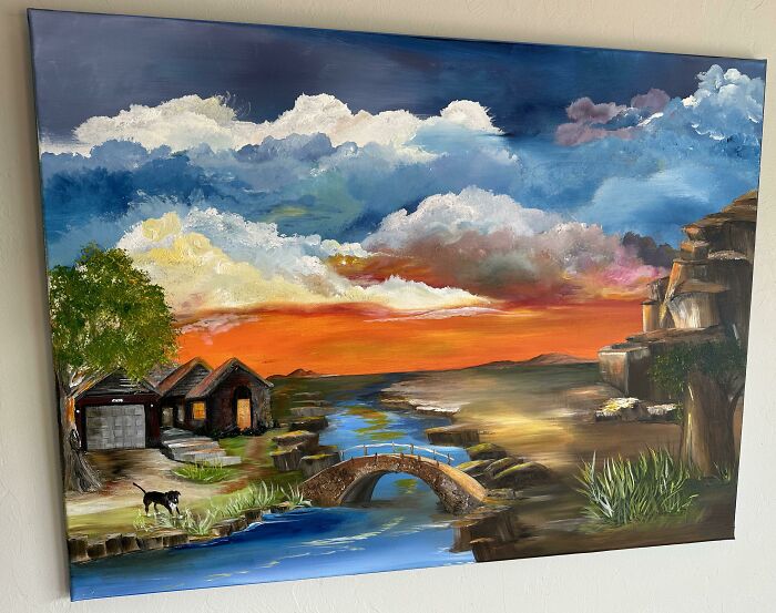 Painting of a serene landscape with a bridge, cottages, and a dog, evoking happiness and wholesome moments.
