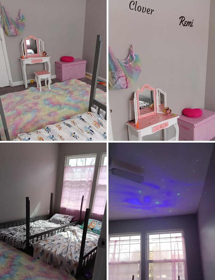 Cozy and colorful kids bedroom setup with playful decor, twin beds, and a starry night light ceiling in a wholesome mom’s home.