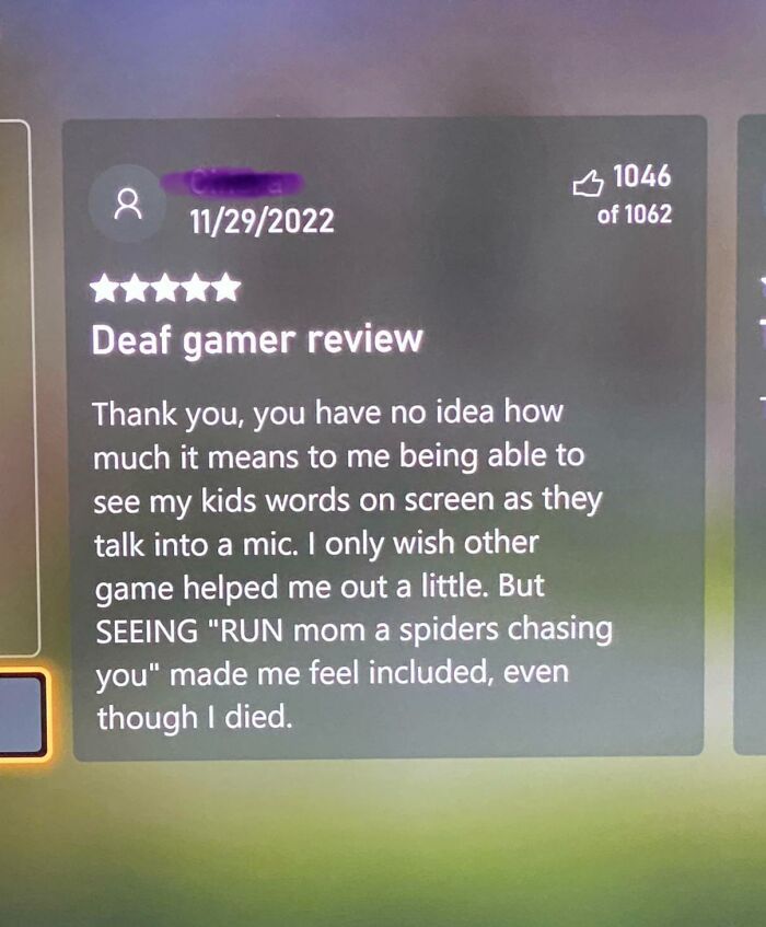 Deaf gamer review expressing joy and inclusion from seeing kids' words on screen, highlighting wholesome moms moments.