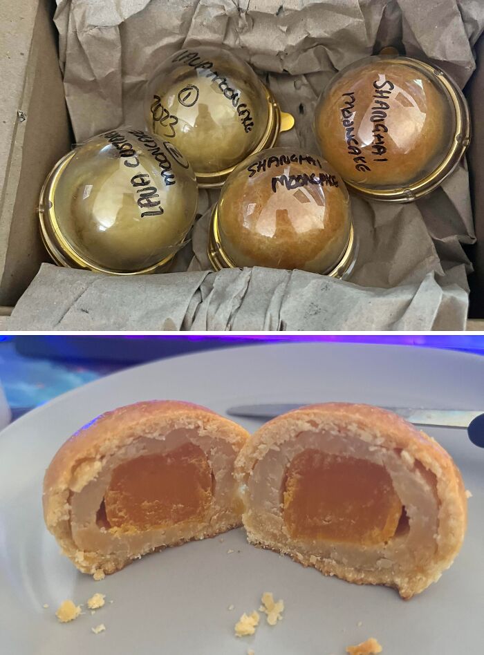 Box of mooncakes with some unwrapped halves showing flaky crust and sweet filling, happiness-inducing pics of moms cooking.