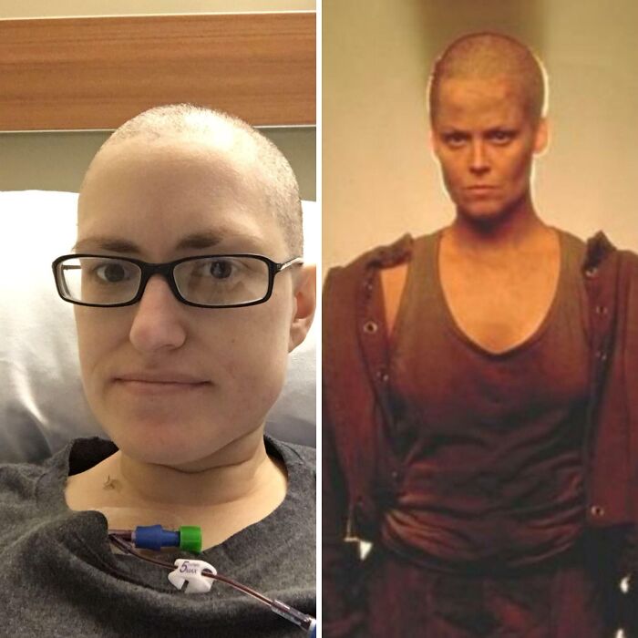 Side-by-side images of a mom with a shaved head, showcasing strength and resilience in wholesome moments.