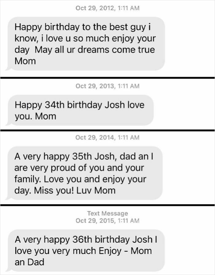 Text messages from a mom wishing her son happy birthday each year with loving and wholesome words.
