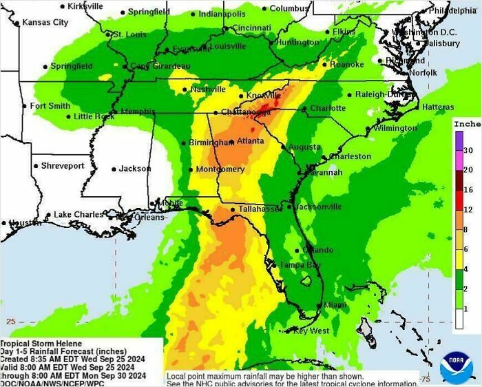 Rainfall forecast map showing heavy storm impact across southeastern US, a key example of worst vacation luck shared in photos.