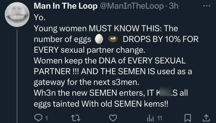Screenshot of a tweet sharing an absurd scientific take about eggs and semen related to modern society views.