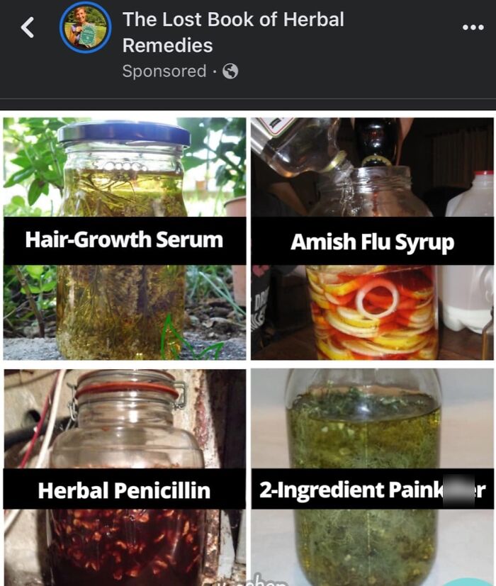 Glass jars with homemade herbal remedies including hair-growth serum, Amish flu syrup, herbal penicillin, and 2-ingredient painkiller.