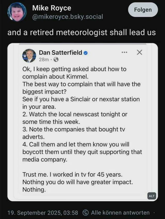 Tweet from a retired meteorologist sharing advice on boycotting media companies for chaotic good impact.