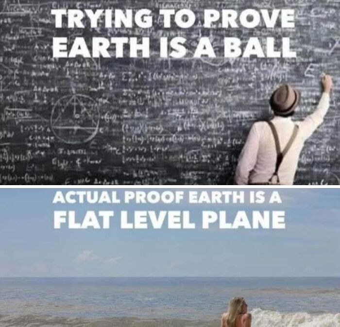 Person writing scientific equations trying to prove Earth is a ball contrasted with flat level plane ocean view.