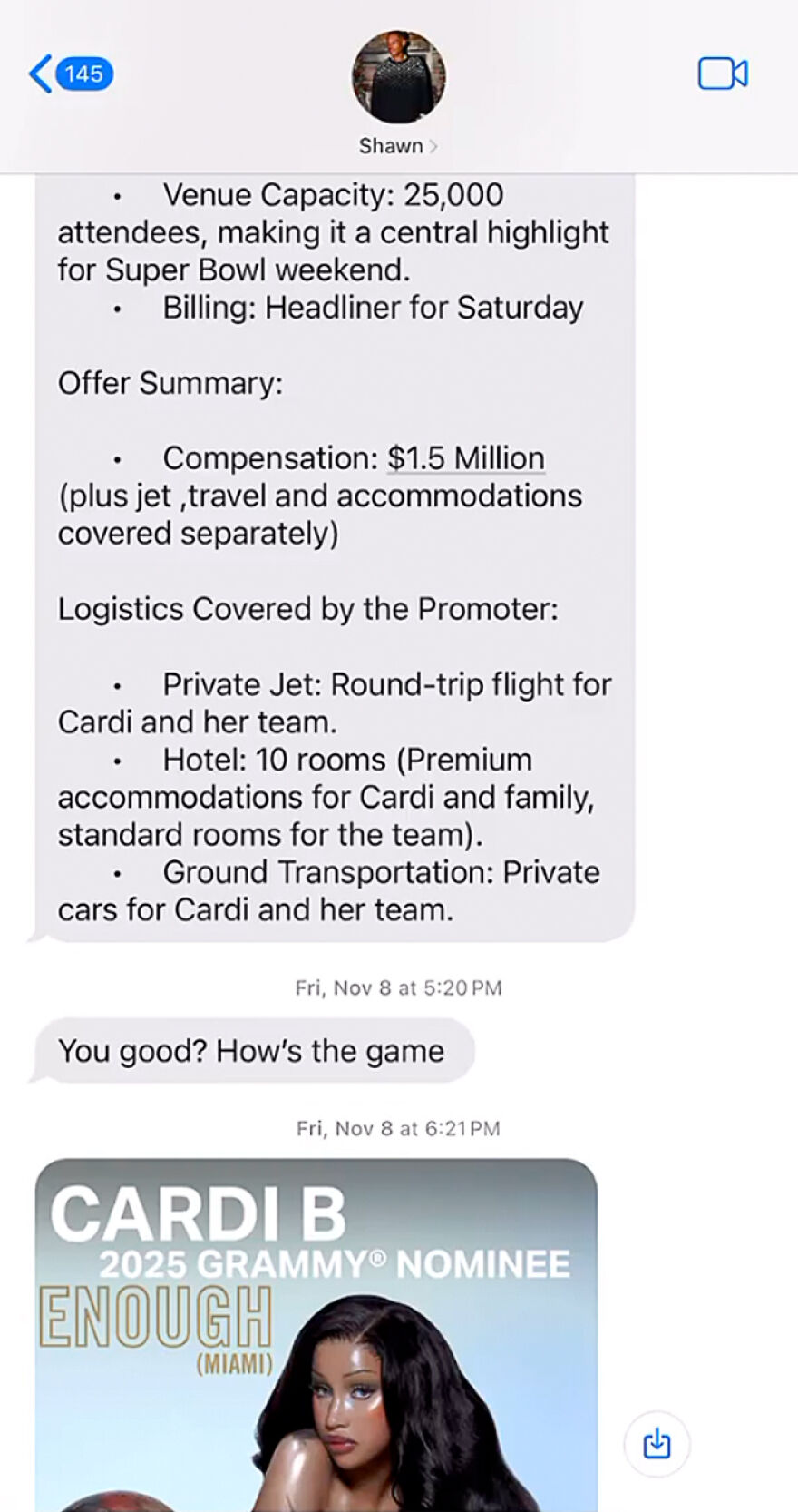 Text messages detailing a $1.5 million offer and logistics for Cardi B’s rising net worth and music industry influence. Text messages detailing a $1.5 million offer and logistics for Cardi B’s rising net worth and music industry influence.