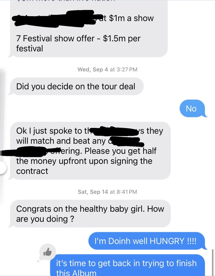 Text message exchange discussing tour deals, festival offers, and updates related to Cardi B’s net worth and music industry influence. Text message exchange discussing tour deals, festival offers, and updates related to Cardi B’s net worth and music industry influence.