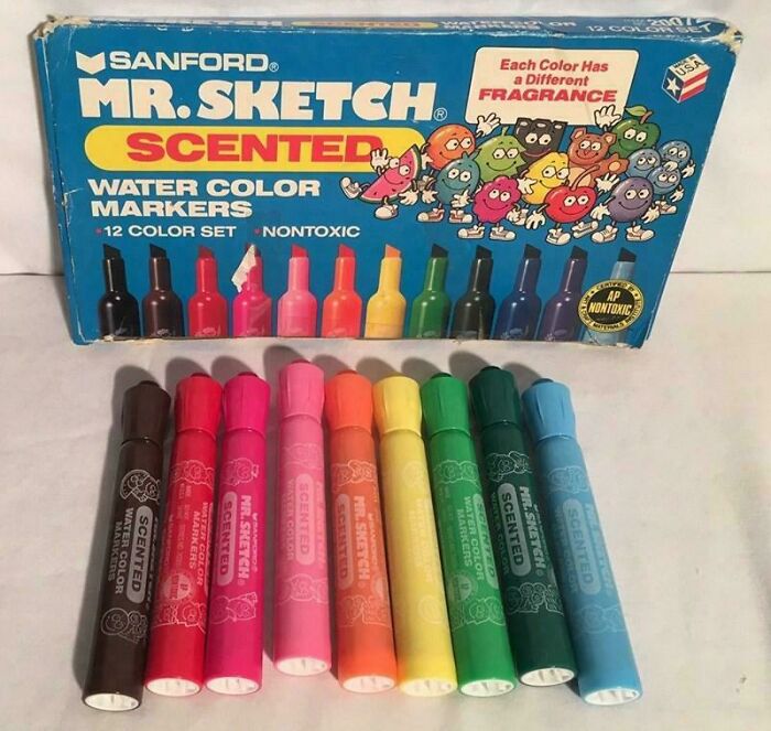 Vintage Mr. Sketch scented watercolor markers set showing colorful nostalgic markers to feel old as heck