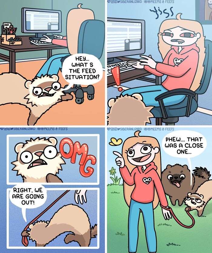 Comic strip showing an artist interacting with two ferrets and a cat while working and going outside together.