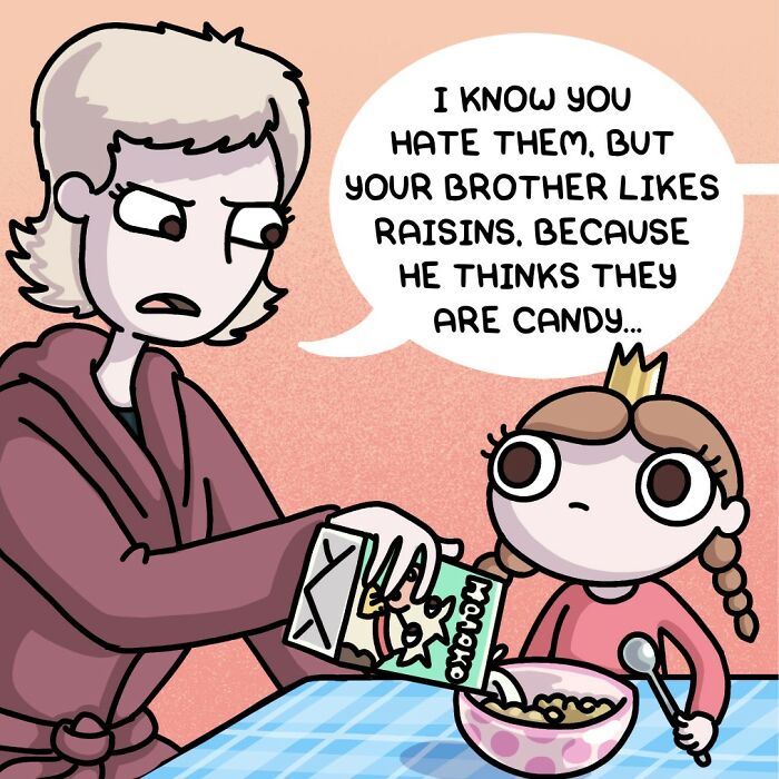 Cartoon showing daily life with two ferrets and a cat, featuring humorous family dialogue at breakfast.