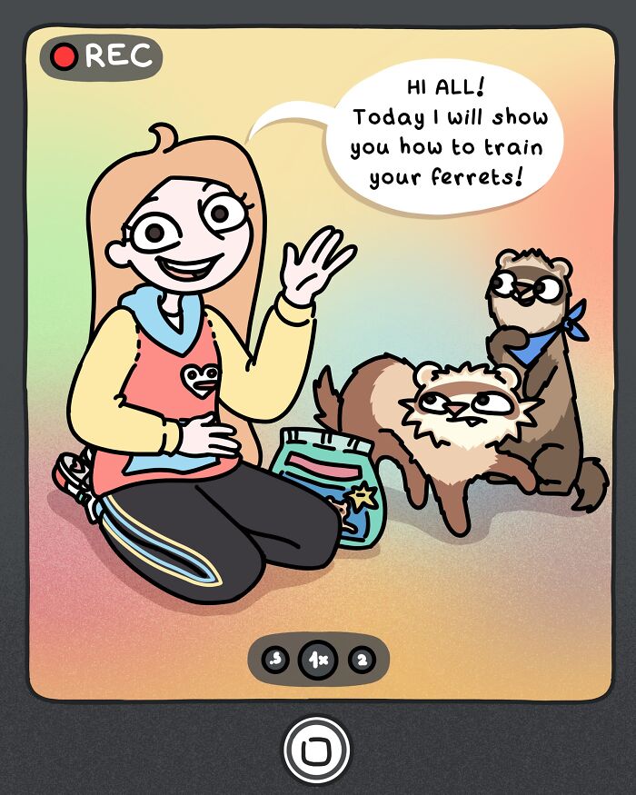 Artist sitting with two ferrets and a cat, speaking about how to train ferrets in a colorful illustrated video frame.
