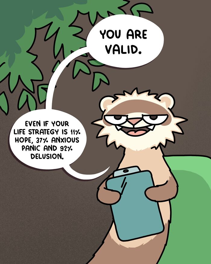 Cartoon ferret holding a clipboard, offering reassurance with speech bubbles about life strategy and validity.