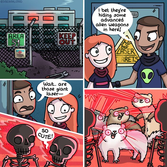 Comic-style illustration showing an artist’s humorous depiction of living with two ferrets and a cat using laser eyes.