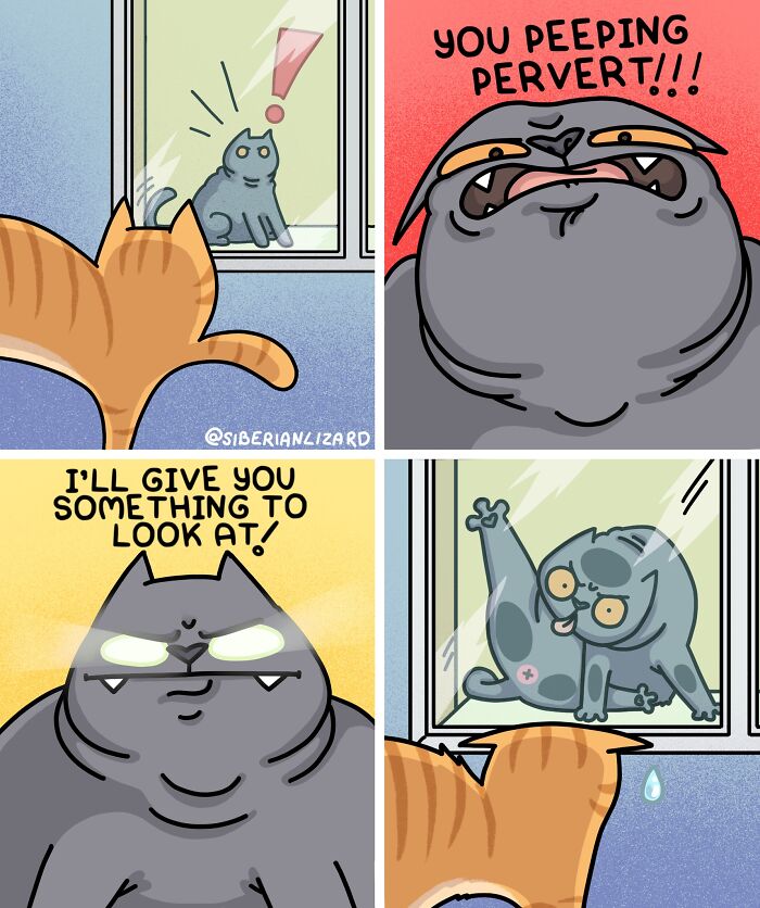 Comic strip showing a cat and a gray cat humorously interacting, depicting life with two ferrets and a cat.