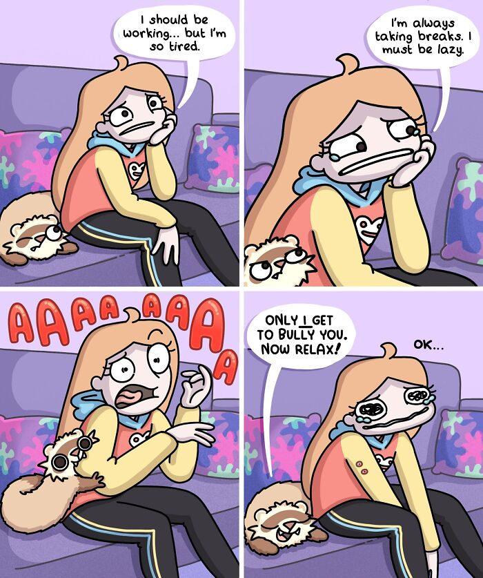 Cartoon artist showing daily life and funny moments living with two ferrets and a cat on a colorful couch.