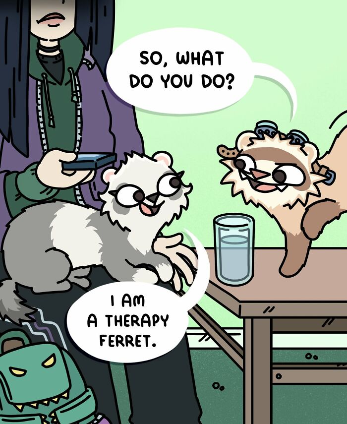Cartoon showing two ferrets talking about being therapy ferrets, illustrating life living with two ferrets and a cat.