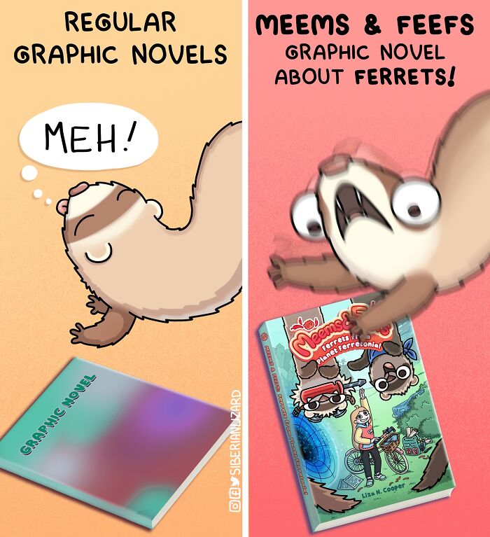 Cartoon ferret comparing regular graphic novels to Meems & Feefs, a graphic novel about ferrets and pets.