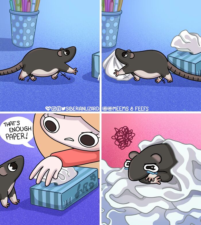 Comic strip showing a ferret interacting with tissue paper, capturing moments of life living with two ferrets and a cat.
